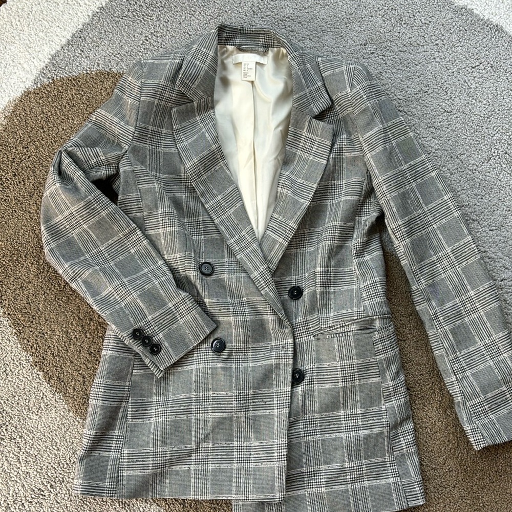 H&M oversize gray checkered double breasted blazer size 4